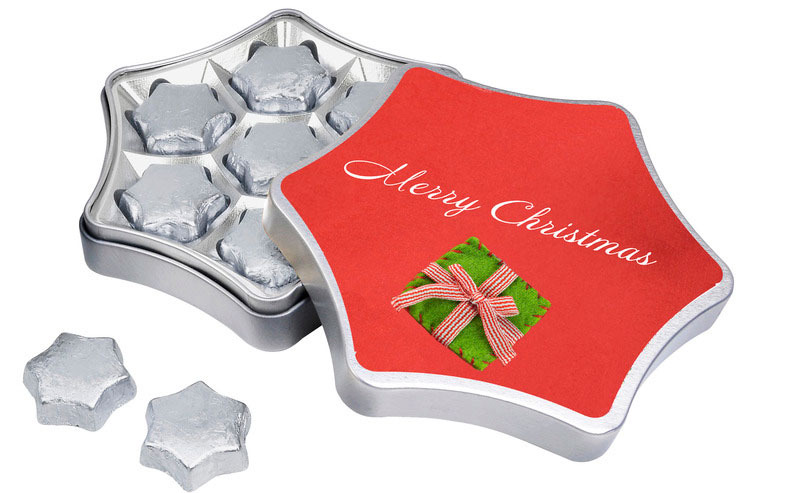 Personalised star tin with star shaped chocolates