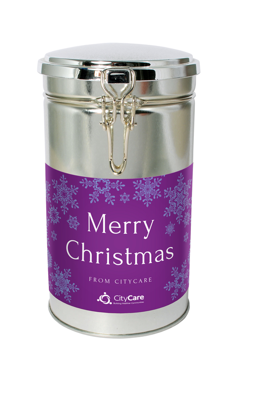 Promotional Christmas clamp tin of biscuits