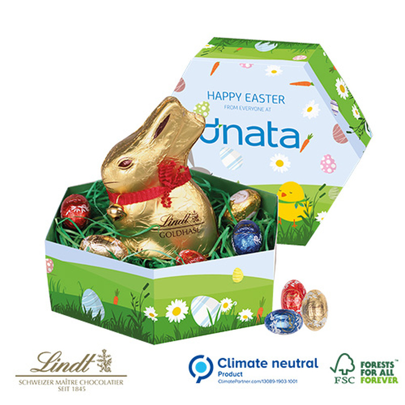 Hexagonal Easter Lidded Gift Box with Lindt Bunny and Mini Eggs