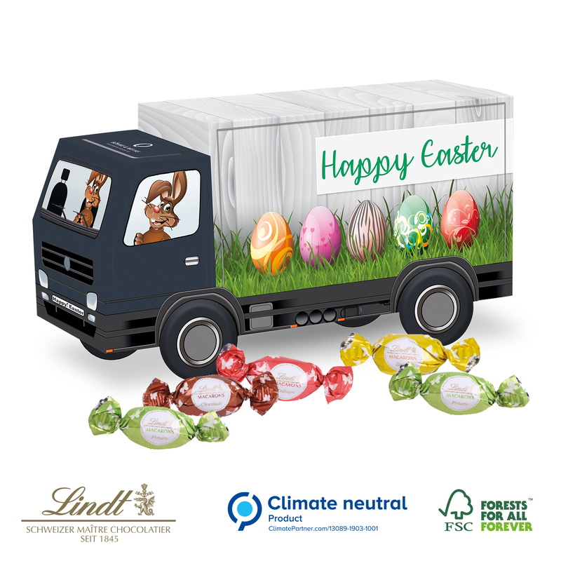 Personalised Truck shaped with Lindt Macaron Easter eggs 