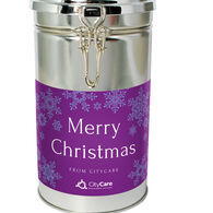 Promotional Christmas clamp tin of biscuits